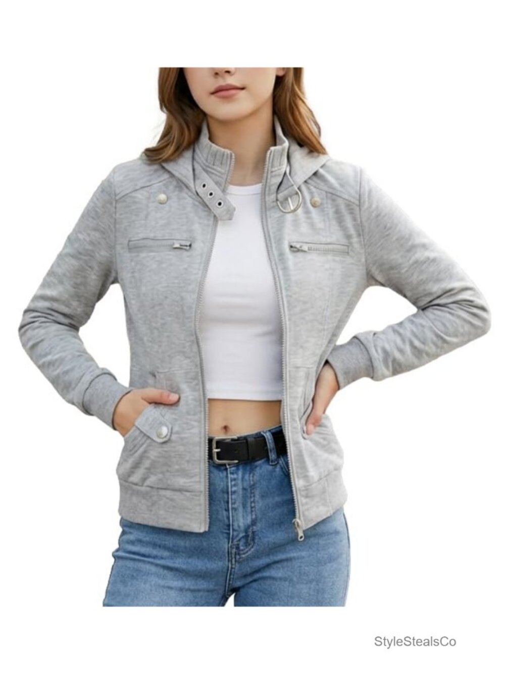 Y2K Zip Up Emo Jacket Grunge Slim Fit High Funnel Neck Buckle Accents Women's